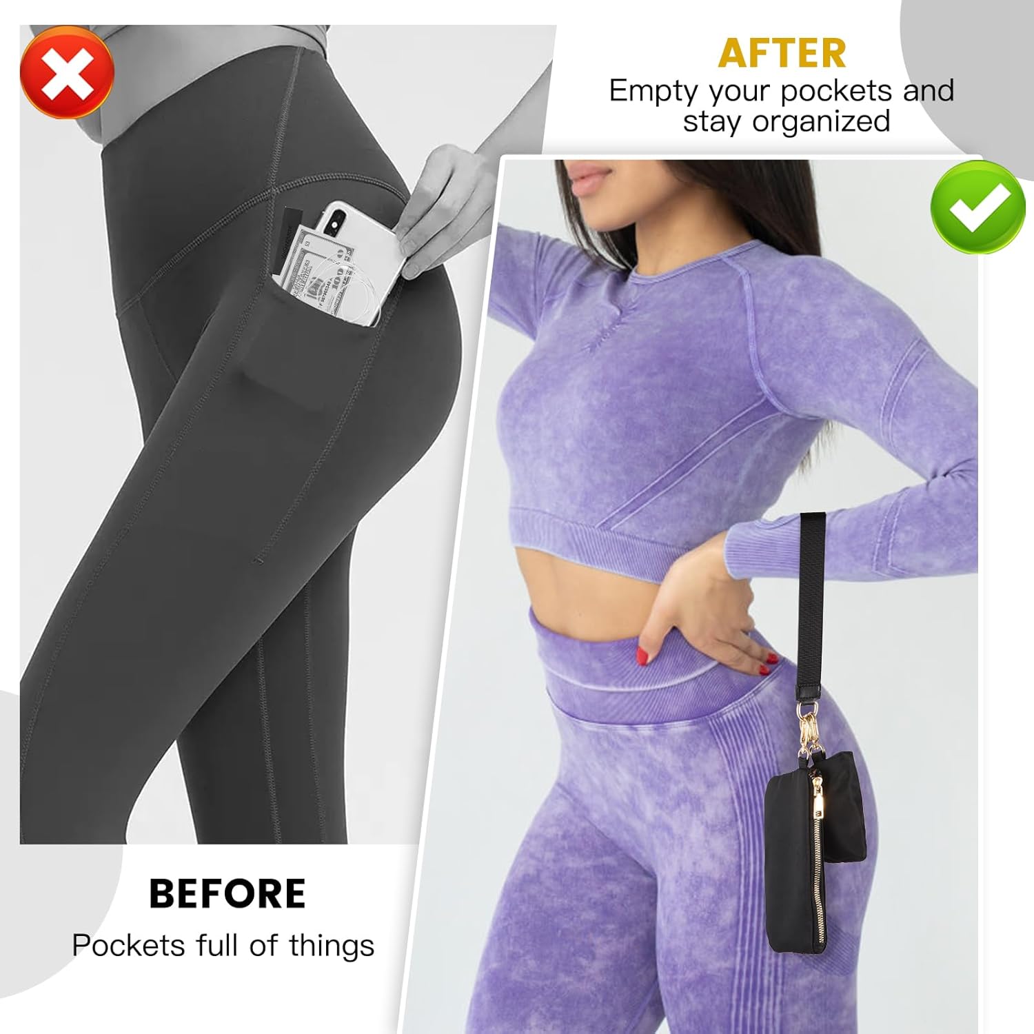 Mini Zip Around Wristlet Keychain Wallet for Women Detachable Dual Pouch Wristlet Portable Phone Coin Purse Coin Pocket (Black+Gold) - Image 6