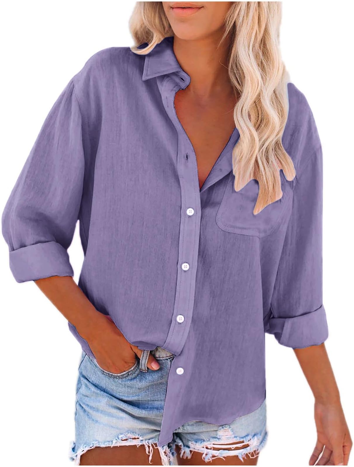 YolimokWomens Plain Shirts Cotton Linen Casual Long Sleeve V Neck Blouse Shirt Button Down Ladies Office Work Loose Shirts Blouses Tops