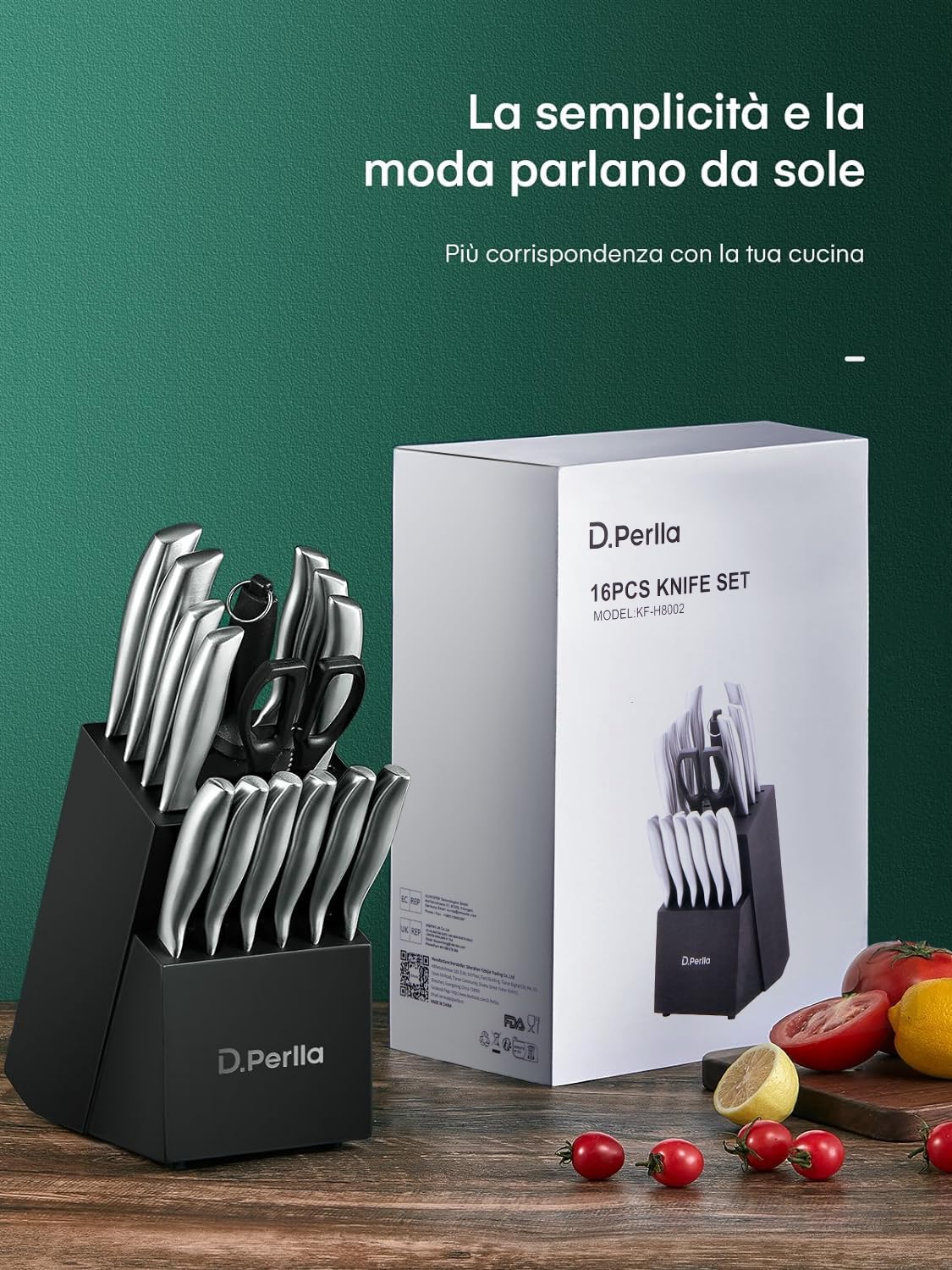 D.Perlla Set Coltelli da Cucina 16 Pezzi in Acciaio Inossidabile, Ceppo Professionali con Blocco in legno