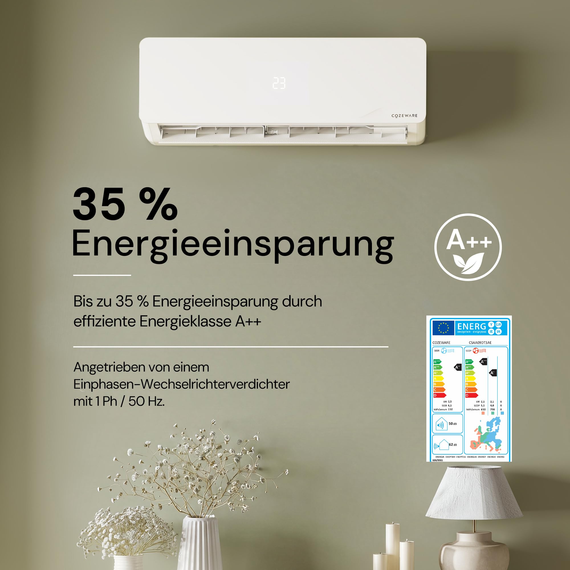 Klimaanlage Split, 12000 BTU / 3,500 W | WLAN/APP Funktion Klimagerät, Kühlen A++/Heizen A+, Kältemittel R32, bis 45m², sehr leise, Fernbedienung, Montagematerial