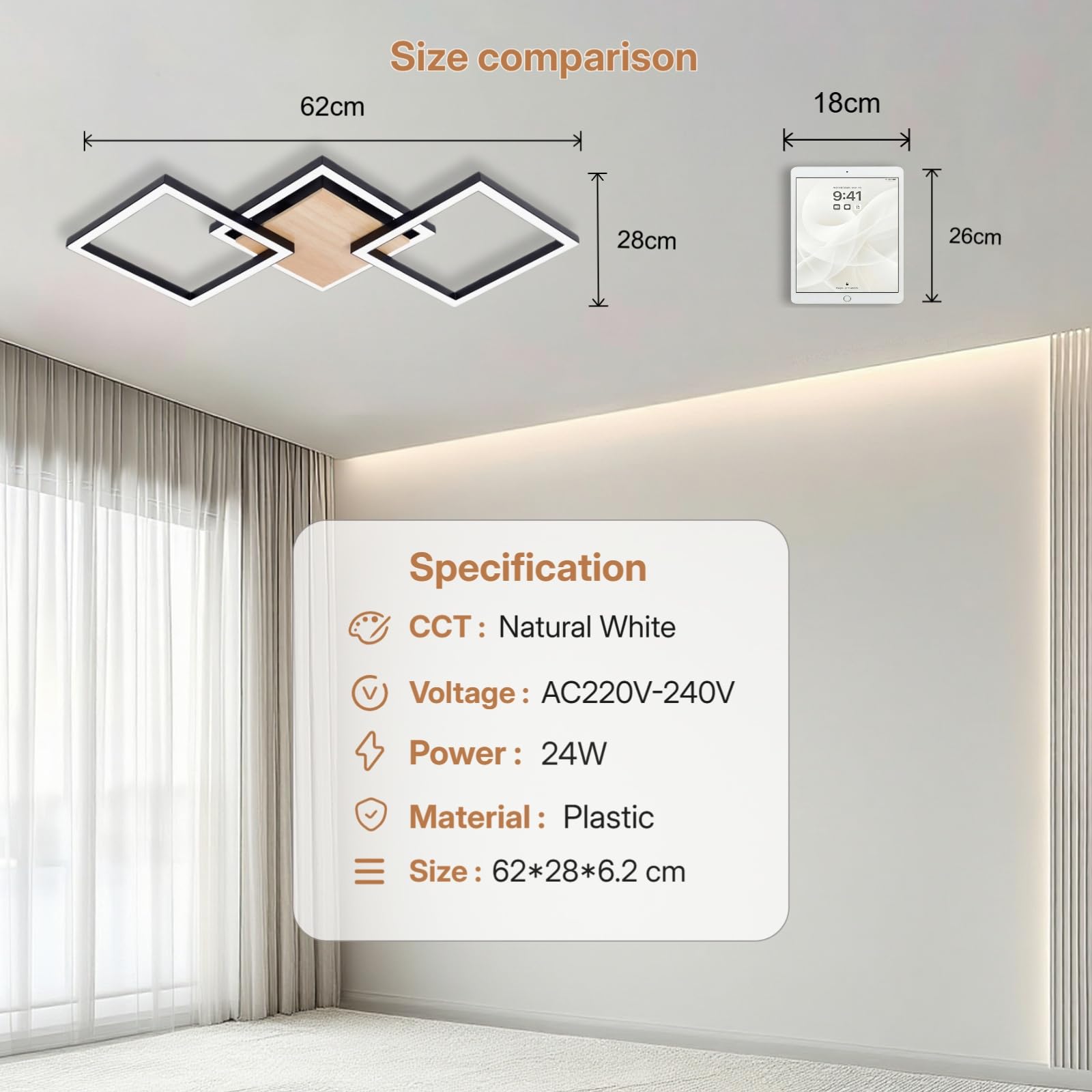 BrightFly LED Techo, 24W Moderna Lámpara de Techo LED, 3100LM Blanco Frío 6500K, Cuadrado Luz de Techo del Para Corredor Baño Cocina Sala de Estar Dormitorio Pasillo