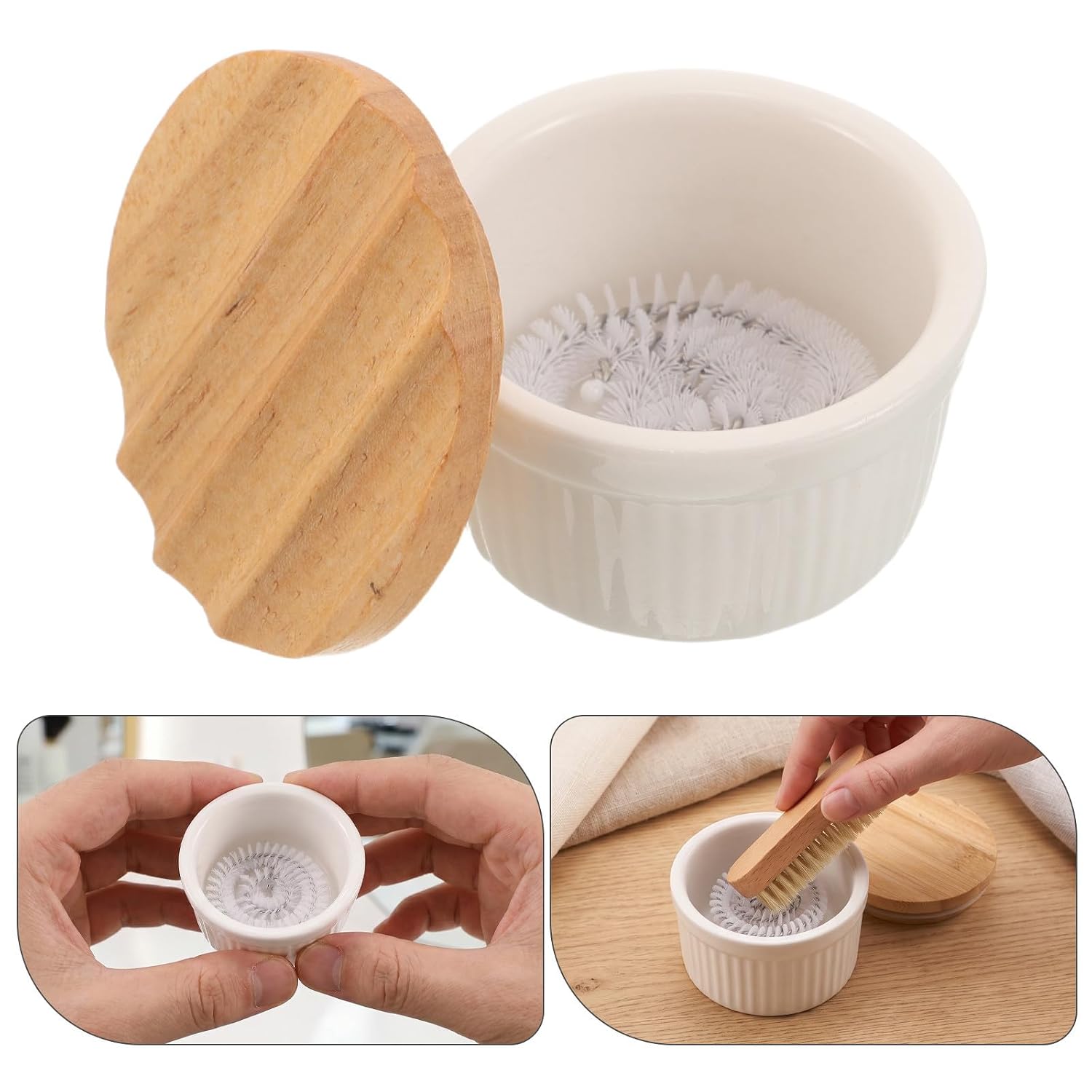 2pcs Nail Brush Cleaner Cup with Spiral Steel Bristles and Curved Wooden Cap Open-cup Style Brush Washing Pot for Salon and Home Use