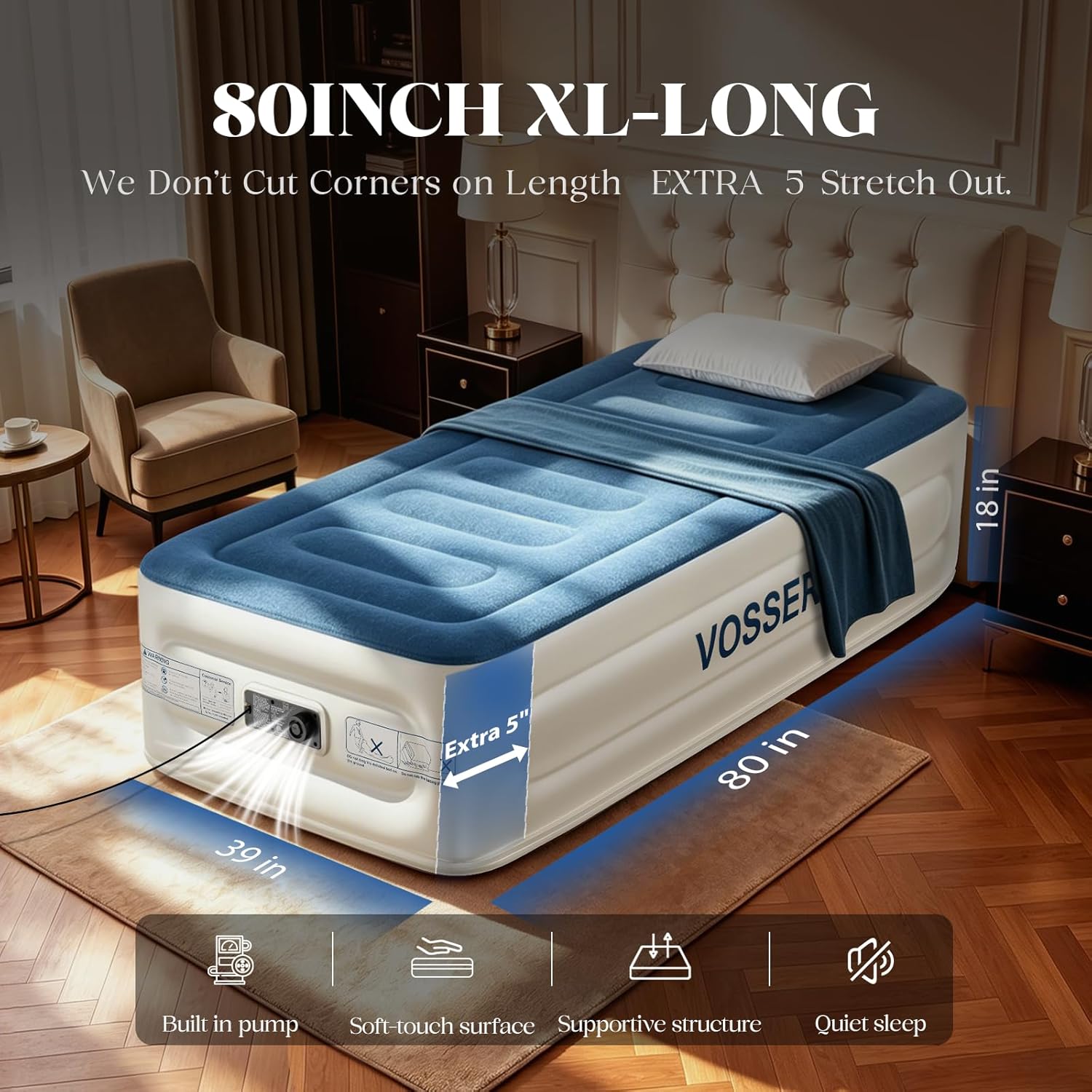 VOSSER Twin Air Mattress with Built-in Pump,Fast & Easy Inflation/Deflation Inflatable Mattress, Foldable Blow Up Mattress with Storage Bag, Inflatable Bed for Home, Camping & Guests Blue Twinxl 18''(comfort Height)
