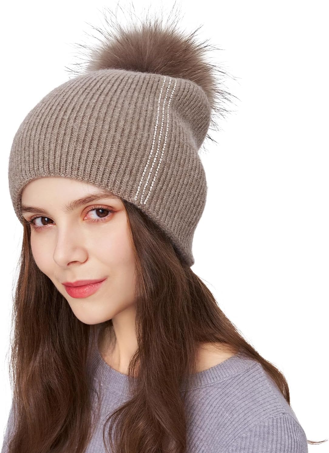 Women's Knitted Angora Wool Hat for Autumn and Winter Warm and Stylish with Rolled Brim and Slanted Rhinestones Cap