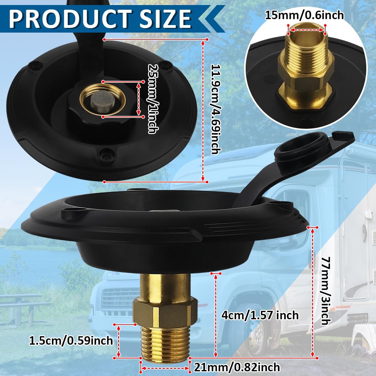 RV City Water Inlet with Check Valve, RV Water Fill Inlet Connection with 3/4 NH Female to 1/2 NPT Male Lead-free Brass City Water Inlet Flange for RV, RV Water Inlet Replacement