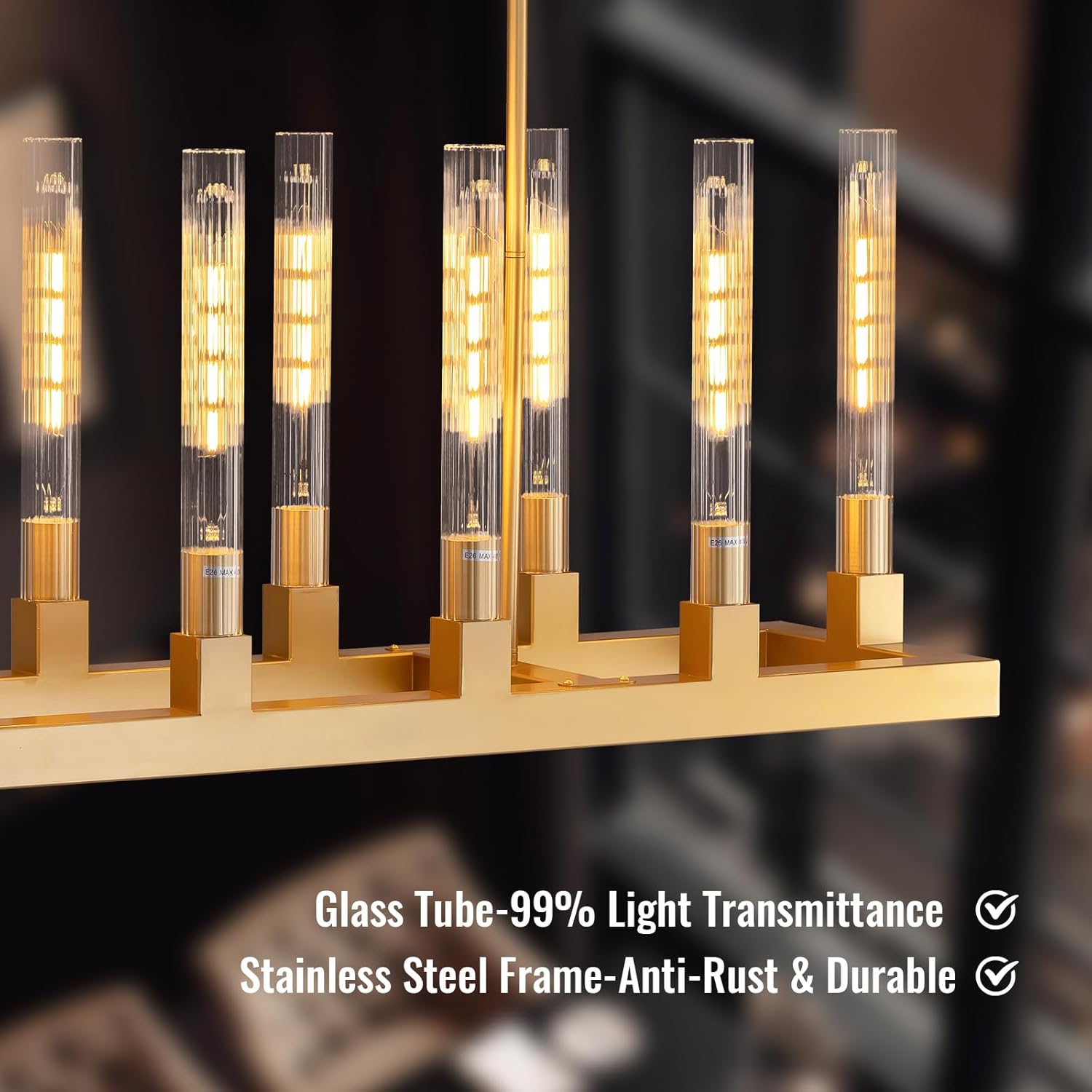 54" Gold 12-Light Rectangular Chandelier with Glass Tubes, Modern Linear Pendant Light for Dining Room Over Table, Kitchen Island, Living Room, Foyer