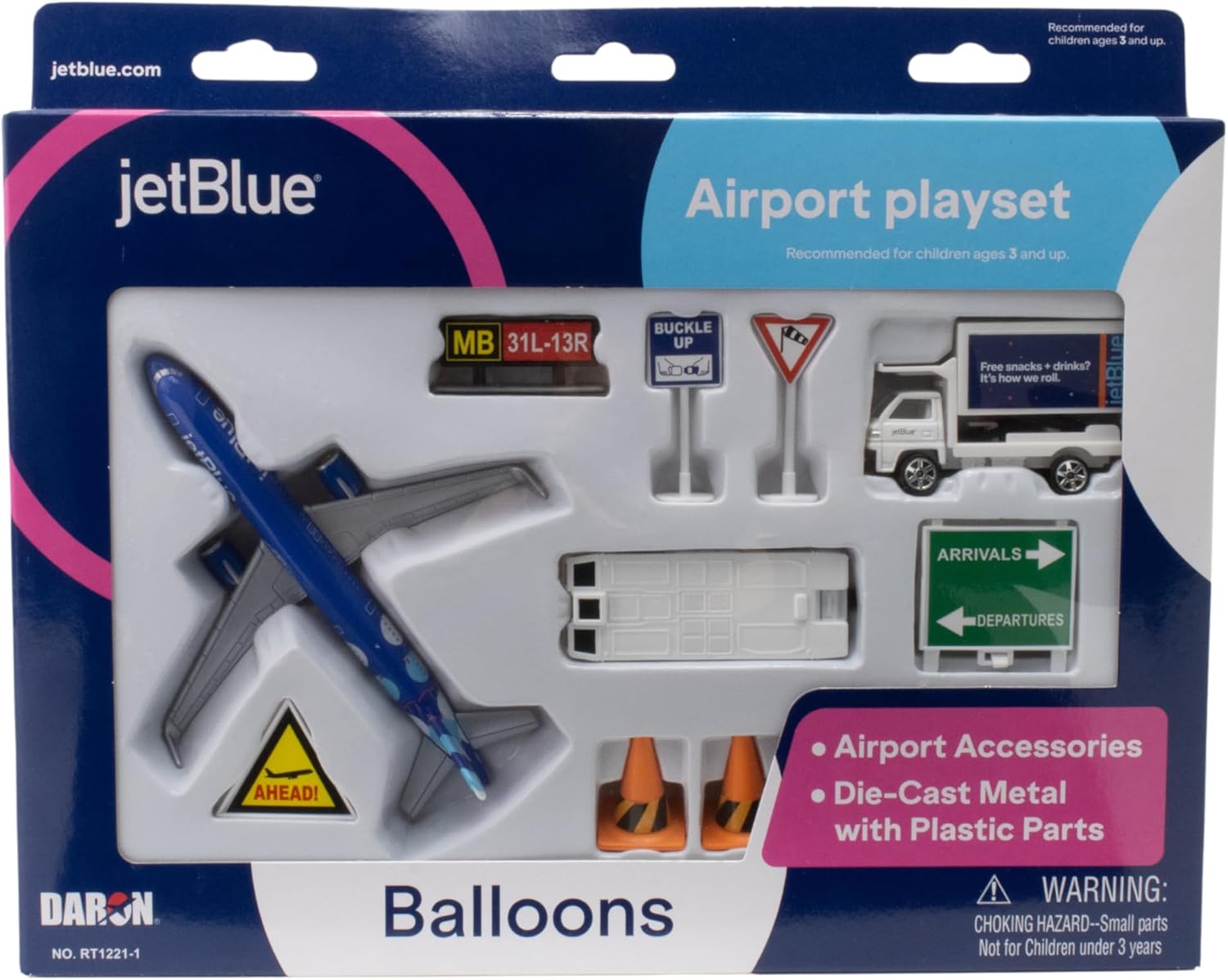 Daron 12-Piece jetBlue A321 Balloons Livery Airport Die-Cast Metal and Plastic Airplane, Vehicles, and Accessories Playset Toy and Collectible, for Age 3+