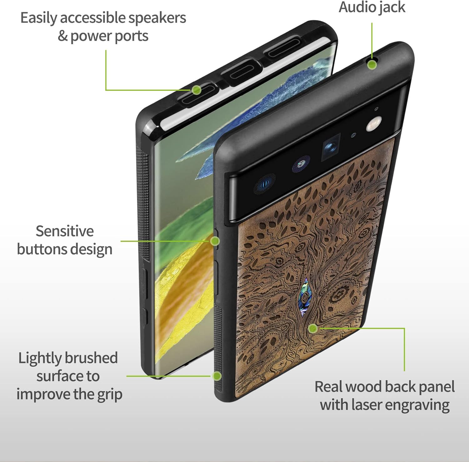 Carveit Designer Wooden Case for Google Pixel 6 Pro Case Cover [Wood Engraving & Shell Inlay] Unique Wood Phone Case Compatible with Wireless Chargers Pixel 6 Pro (Tree of Life-Walnut)