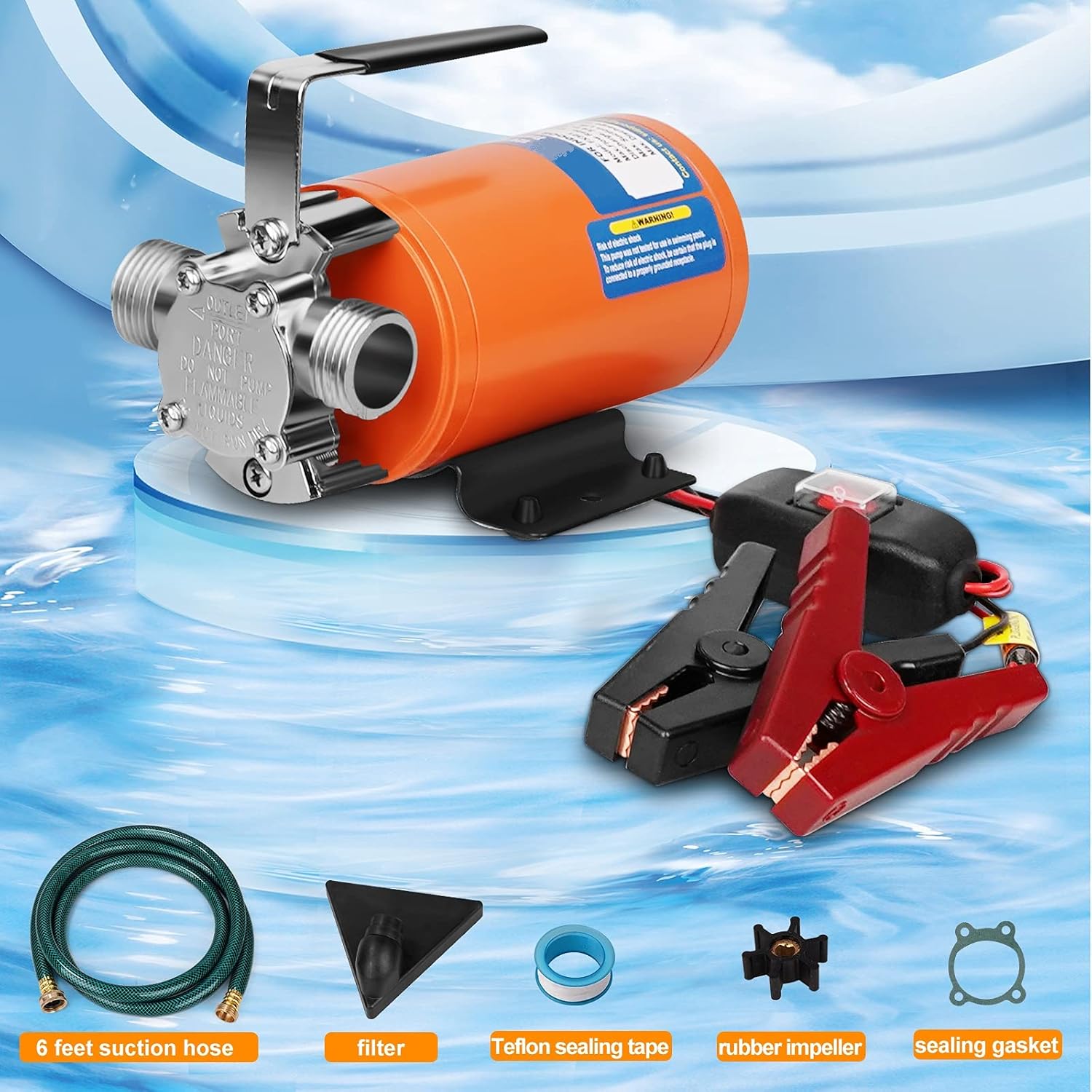 12V Water Pump 1/10 HP 330 GPH Water Transfer Pump With 3/4 inch Ports Suction Hose And Spare Impeller Electric Water Pump Utility Pump-Orange