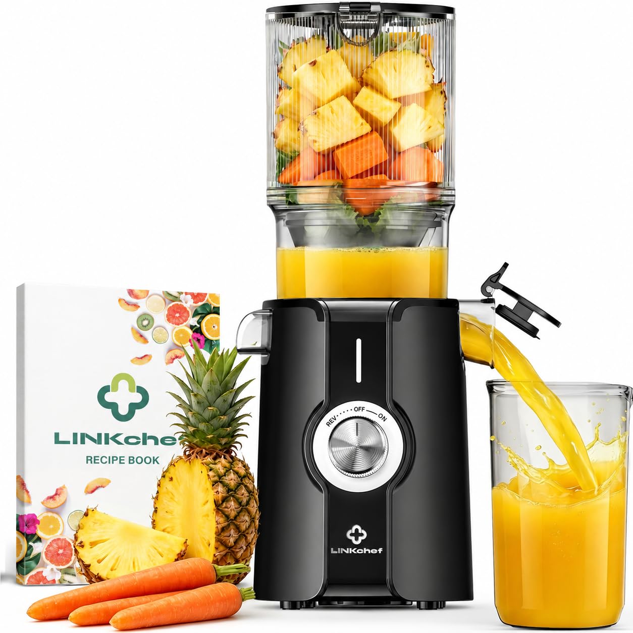 LINKChef Extractor de Zumos Prensado en Frío 200W, Licuadora de Prensado en Frío con Boca Extra Ancha de 115 mm para Frutas y Verduras Enteras, Alto Rendimiento de Zumo, Sin BPA, Recetario Incluido
