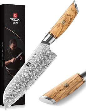 XINZUO Damascus Steel Santoku Knife 7 Inch,73 Layers Damascus Powder Steel,Professional Sharp Slicing Knife Vegetable Cooking Knife-with Ergonomic Olive Wood Handle