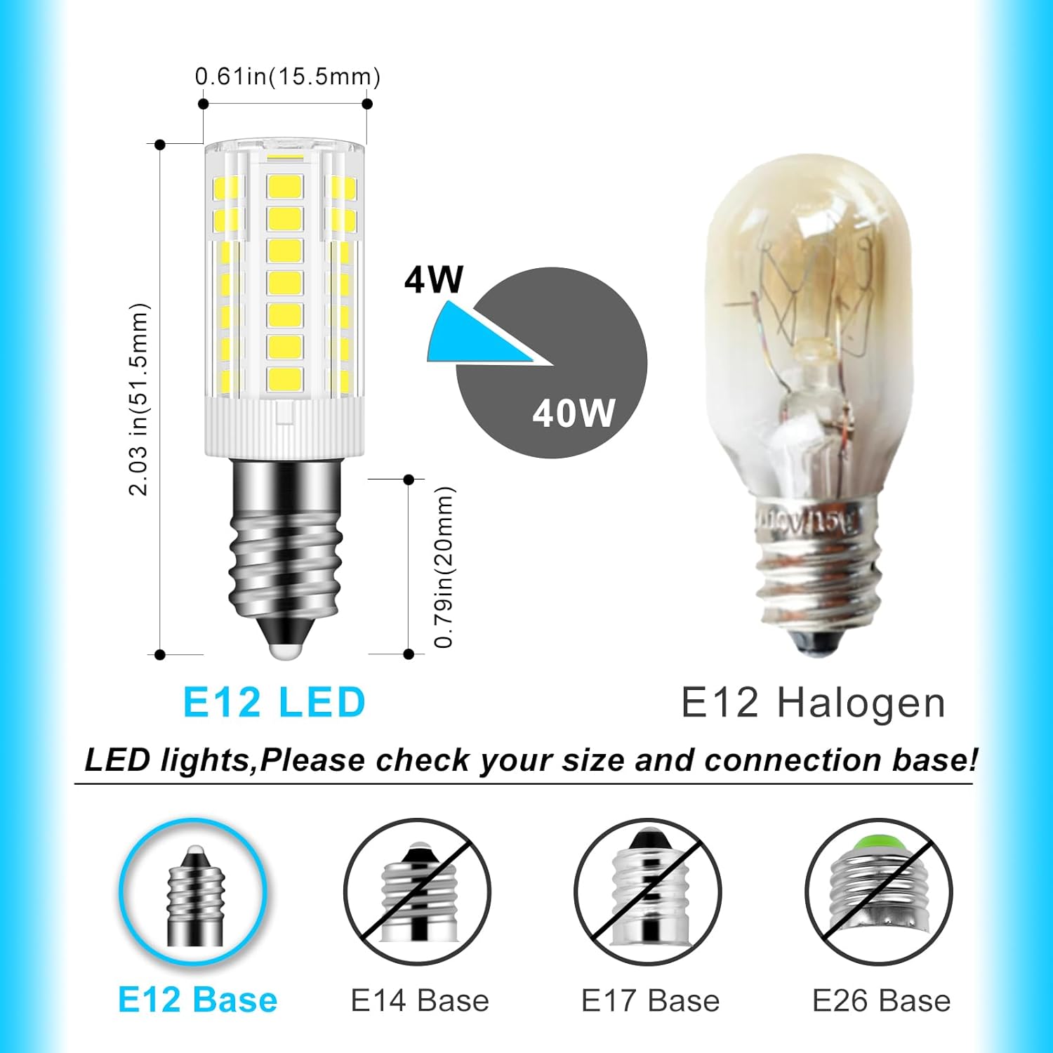 E12 LED Candelabra Bulb 4W Equivalent to 40W T3/T4 E12 Candelabra Base Bulbs Daylight White 6000K Night Light Replacement Bulb for Ceiling Fan, Chandelier, 450LM,Pack of 4