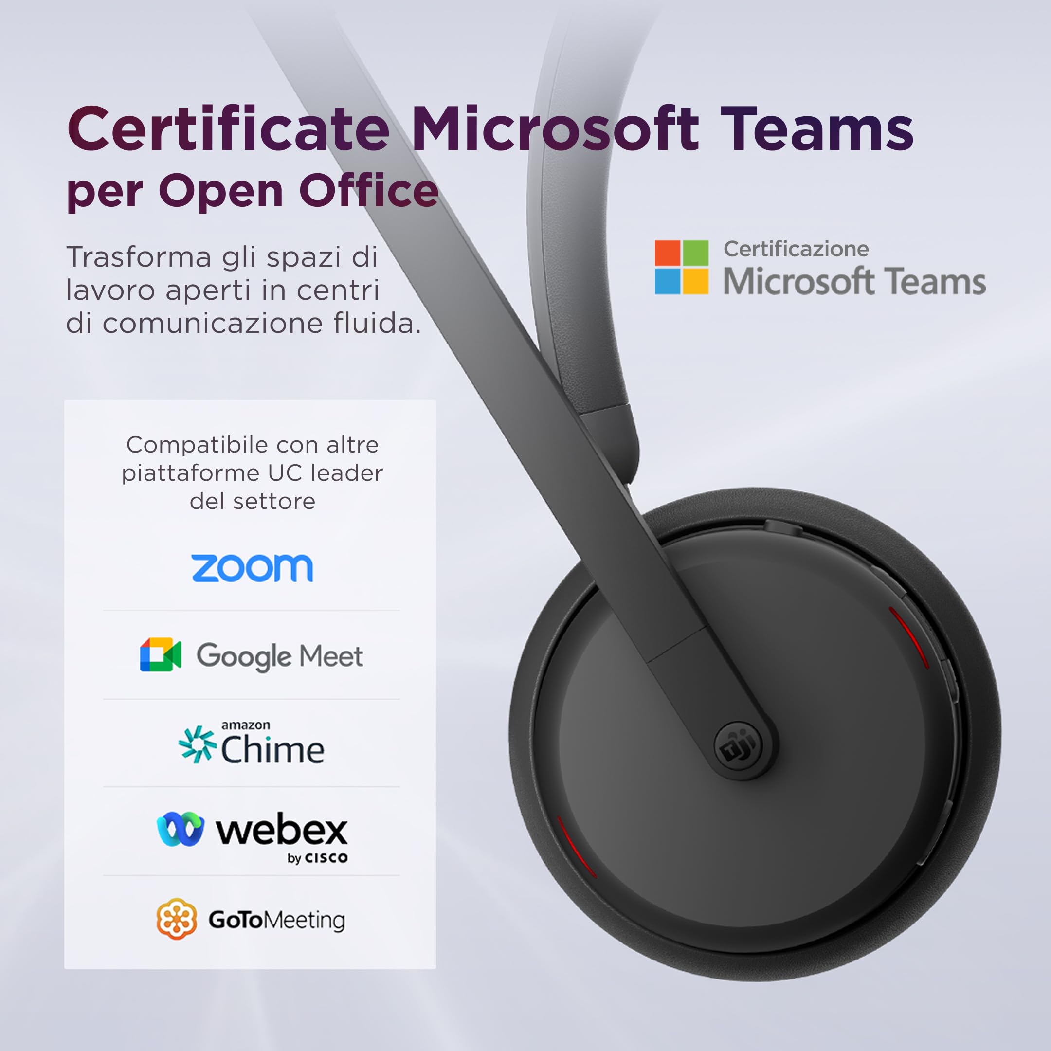 Lenovo Dual-Mode Wireless ANC Headset 6550 per Teams, cuffie wireless Bluetooth 5.3 con ANC ibrida ed ENC AI, ricevitore USB-C, 360° busy light, autonomia fino a 60h