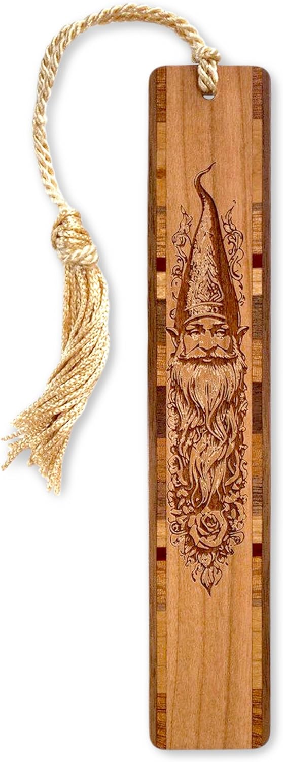 Personalized Gnome or Elf Design Engraved Handcrafted Wooden Bookmark with Tassel by Mitercraft - Made in the USA
