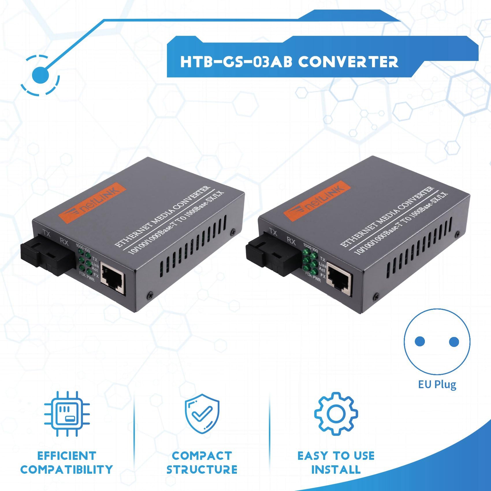 3X Convertisseur de Média Fibre Optique Gigabit -GS-03AB 1000 Mbit/S, Alimentation Externe Monomode à Fibre, Prise UE