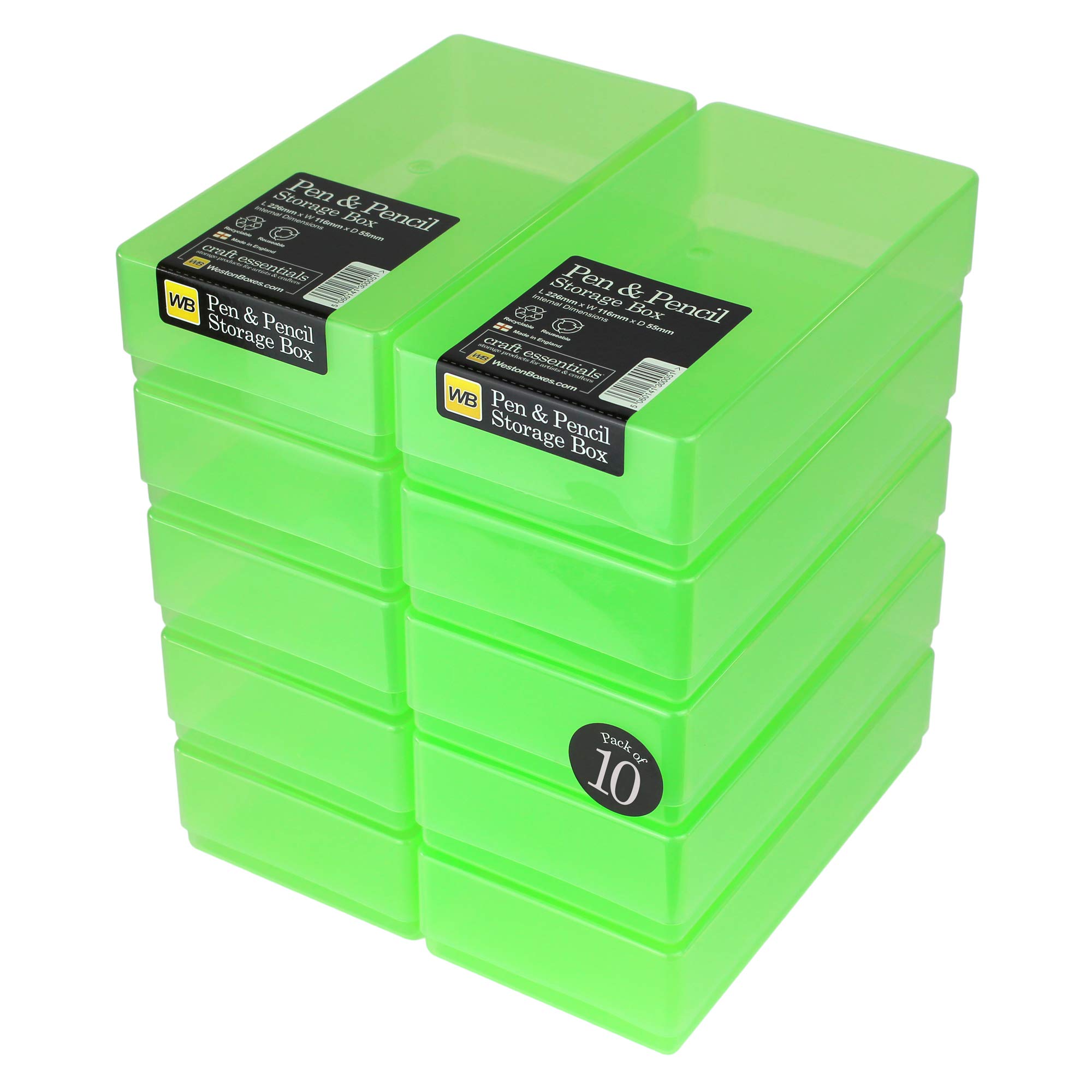 WestonBoxes Plastic Storage Boxes with Lids For Pens, Pencils and Stationery - 1.4 Litre Volume (Green, Pack of 10)