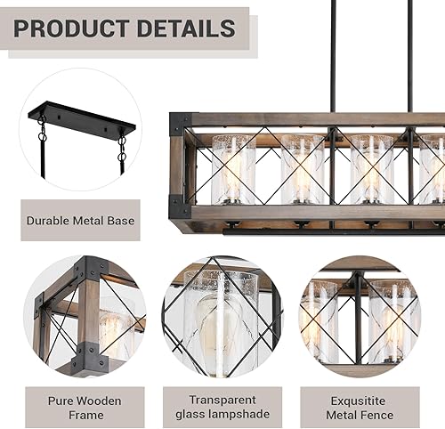Miniatura 5 de Iluminación de isla de cocina de granja, lámpara de comedor de 5 luces sobre la mesa, candelabro rectangular de madera rústica, lámparas colgantes