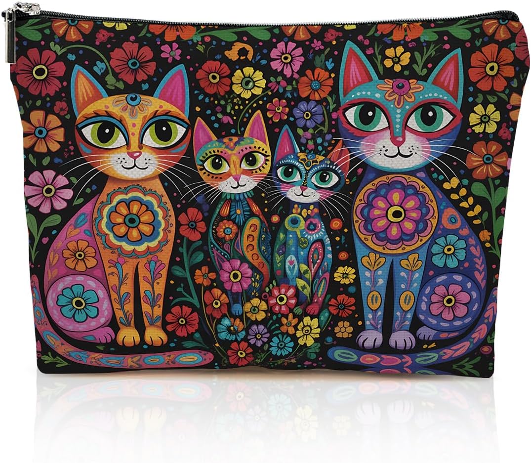 Bohemian Flower Cats Makeup Bag, Cute Cat Themed Gifts Cosmetic Bags
