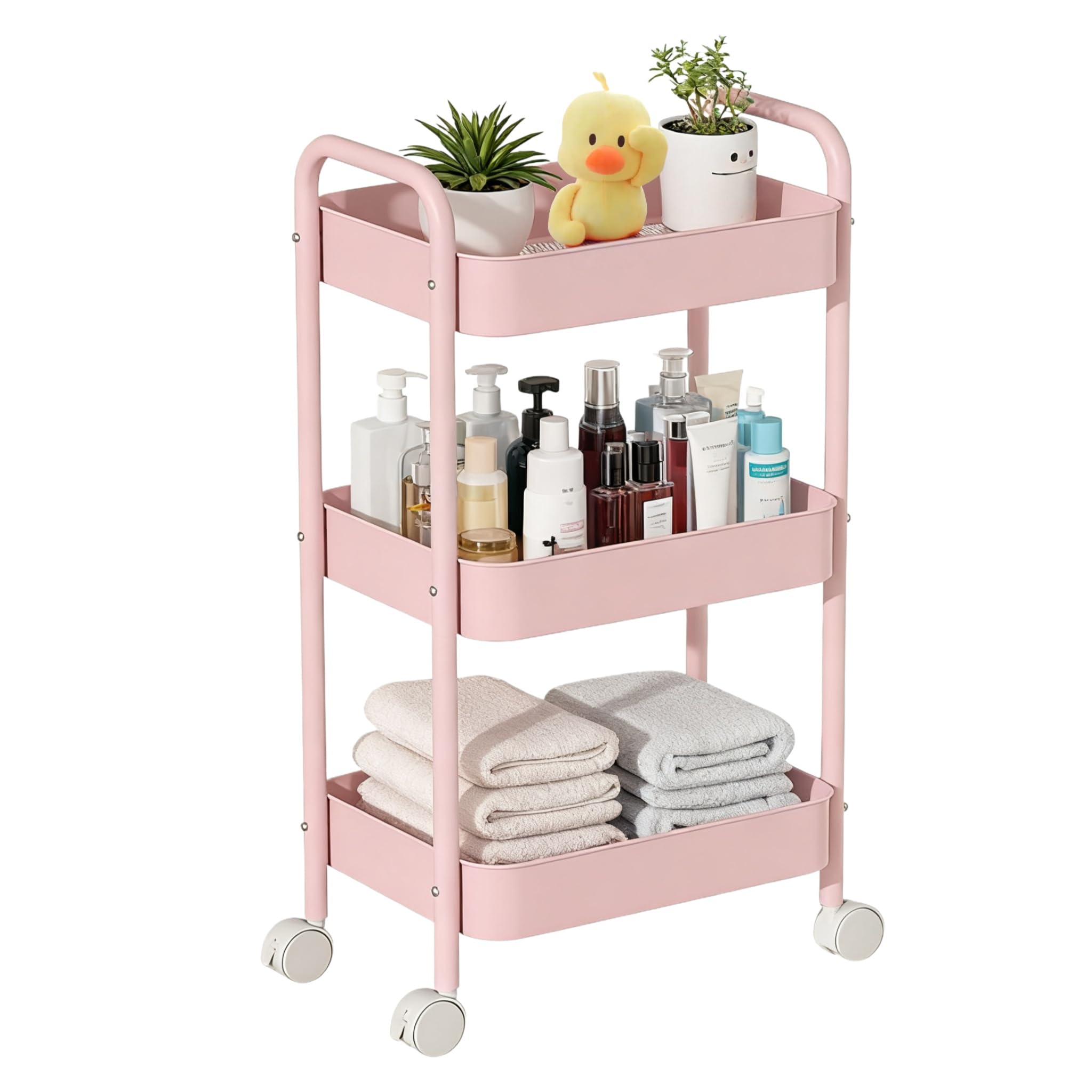 Siocok 3 Tier Metal Storage Trolley on Wheels, Storage Cart, Rolling Utility Cart, Easy Assembly for Home Kitchen, Bathroom Laundry and Office (Pink)