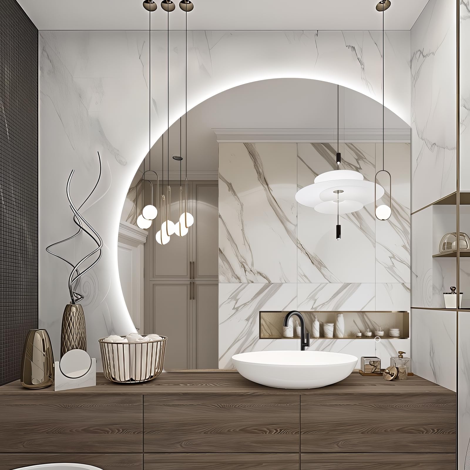 BOLEN Half Moon LED Bathroom Mirror,Irregular Backlit Vanity Mirror,70x70cm