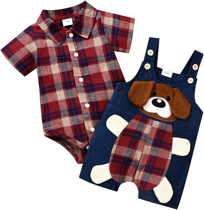 YQYJA Baby,Clothing,Baby Boys 0-24m,Outfits & Clothing Sets YQYJA Baby Boy Clothes Sets Newborn Plaid Shirt RomperBodysuit Puppy Overalls 2Pcs Summer Outfit