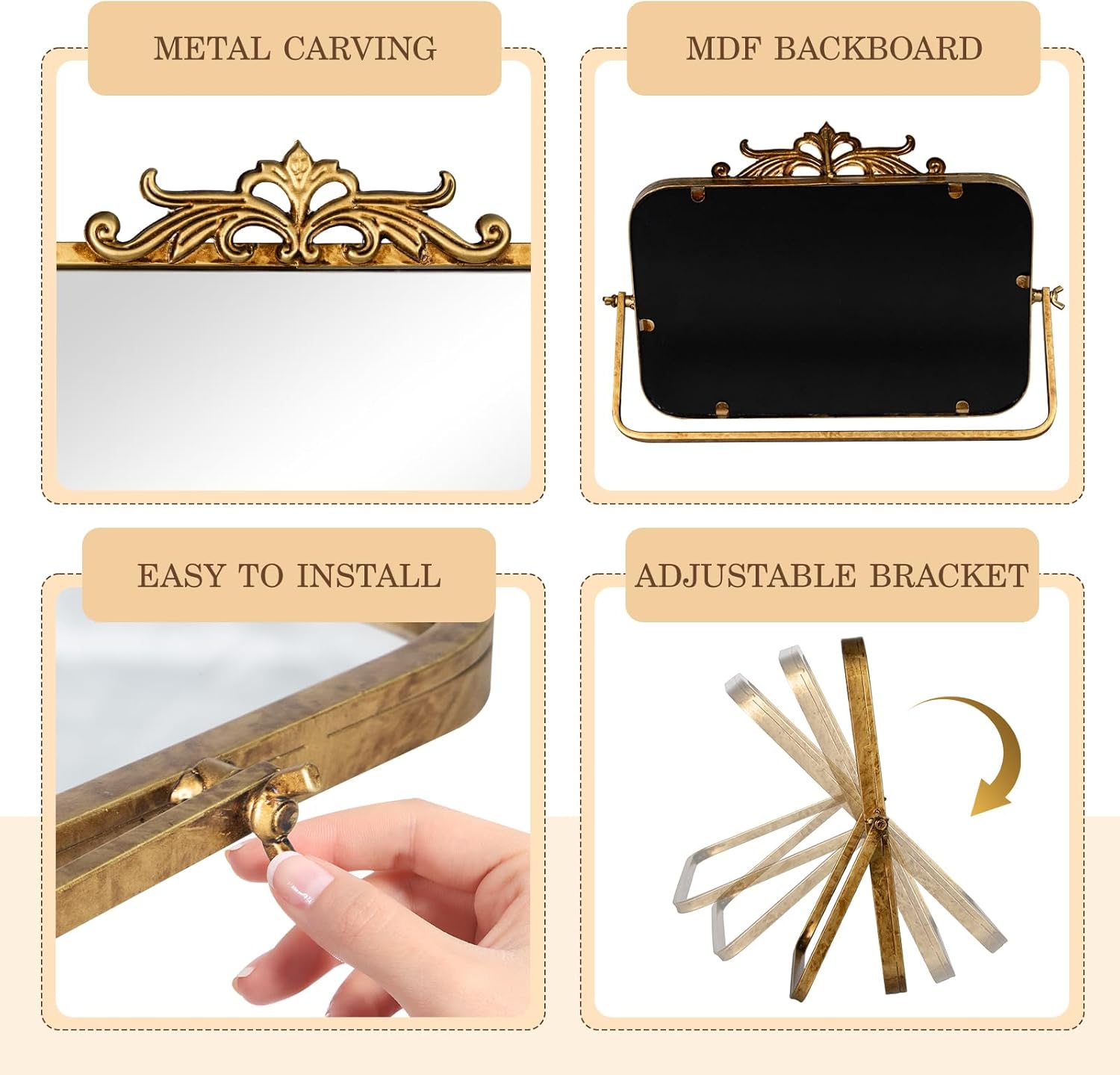 Vintage Makeup Desk Mirror, 7.9" L x 11.8" W Antique Gold Vanity Table Mirror, Metal Framed Rectangular Small Standing Mirrors, 360 Adjustable Rotation Mirrors for Tabletop, Bathroom