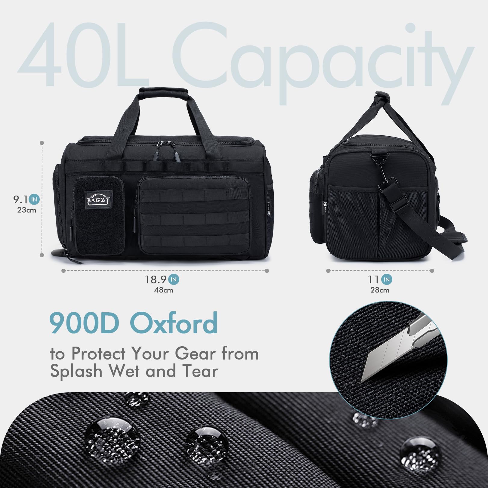 BAGZY Tactical Gym Bags for Men 3 In 1 Travel Duffle Bag 40L with Shoe Compartment Travel Backpack Fitness Weekender Deployment with 1pcs Tactical Toiletry Bag Black