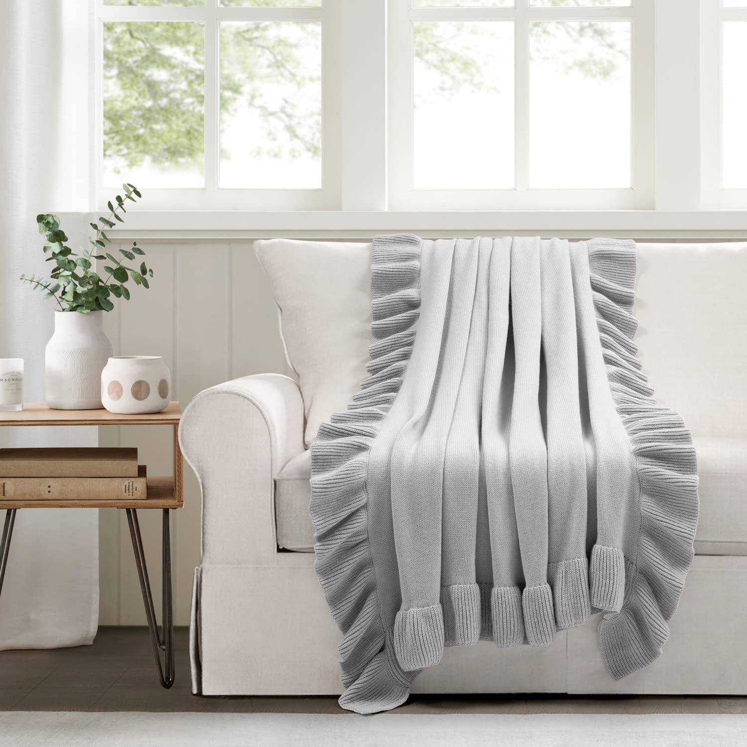 Lush Decor Reyna Soft Knitted Ruffle Throw Blanket, 50" x 60", Light Gray