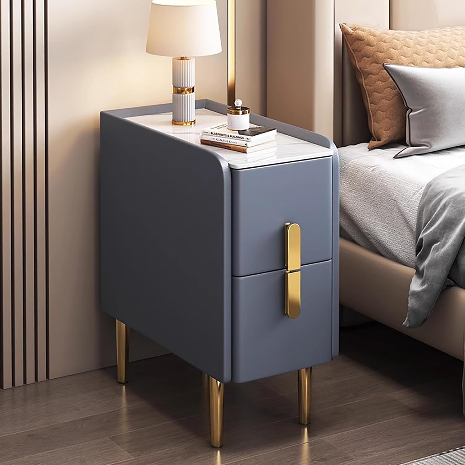 Slim Nightstand for Small Spaces, Narrow Side Table Modern Minimalist Bedside Table with Pu Leather Finish & Metal Legs, Double Drawer Storage Cabinet for Bedrooms Living Room