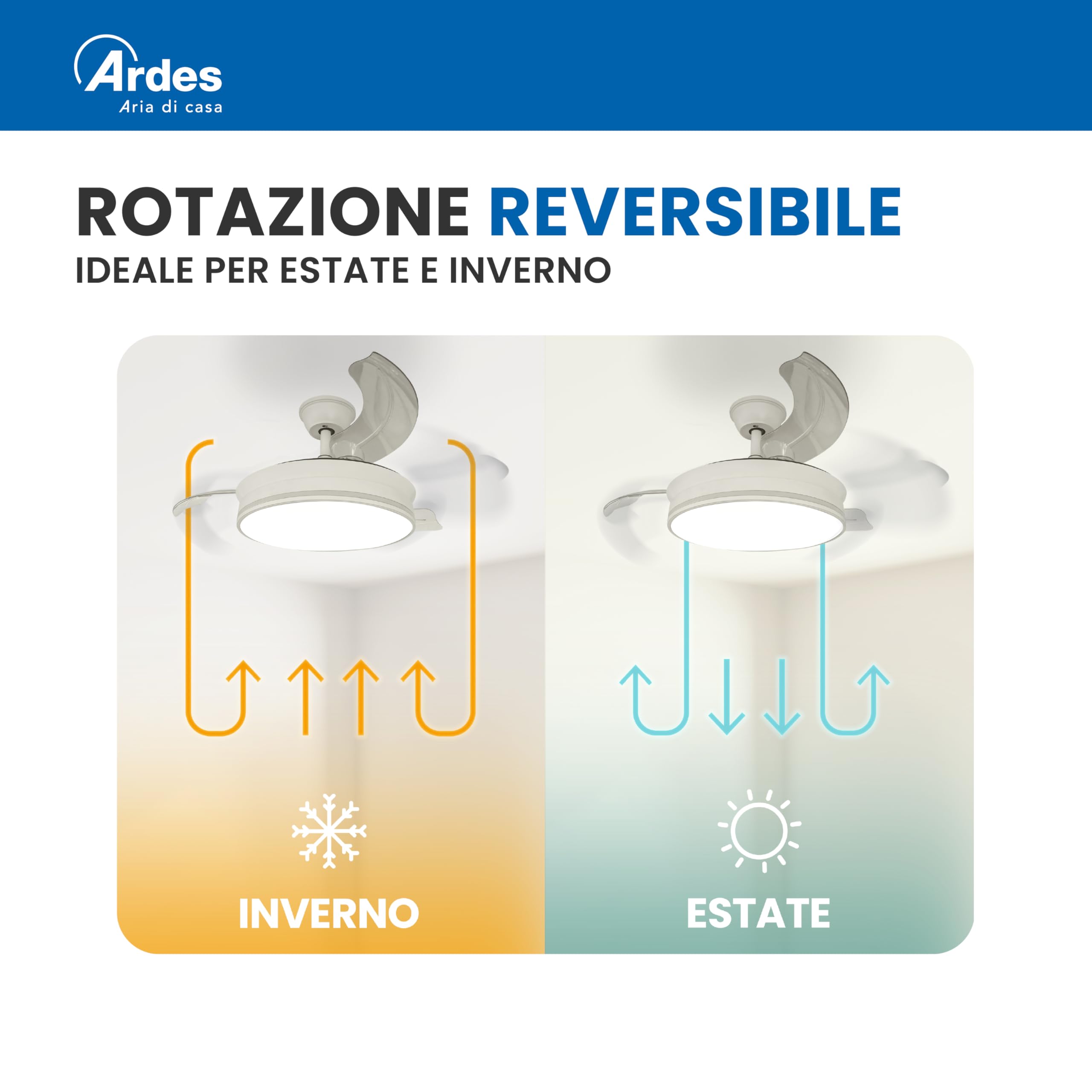 ARDES AIRGLOW EVO AR5PL92 Ventilatore da soffitto Ø92 cm con motore DC 59 W, pale retrattili e luce LED 2200 lm regolabile 3000–6000 K per uso domestico