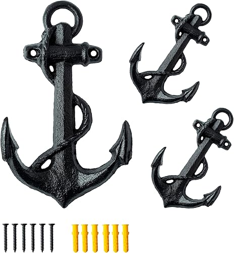 SMKOLIN 3 ganchos de anclaje de hierro fundido de 6 13 pulgadas, ganchos de pared decorativos vintage, ganchos de sombrero, color negro antiguo
