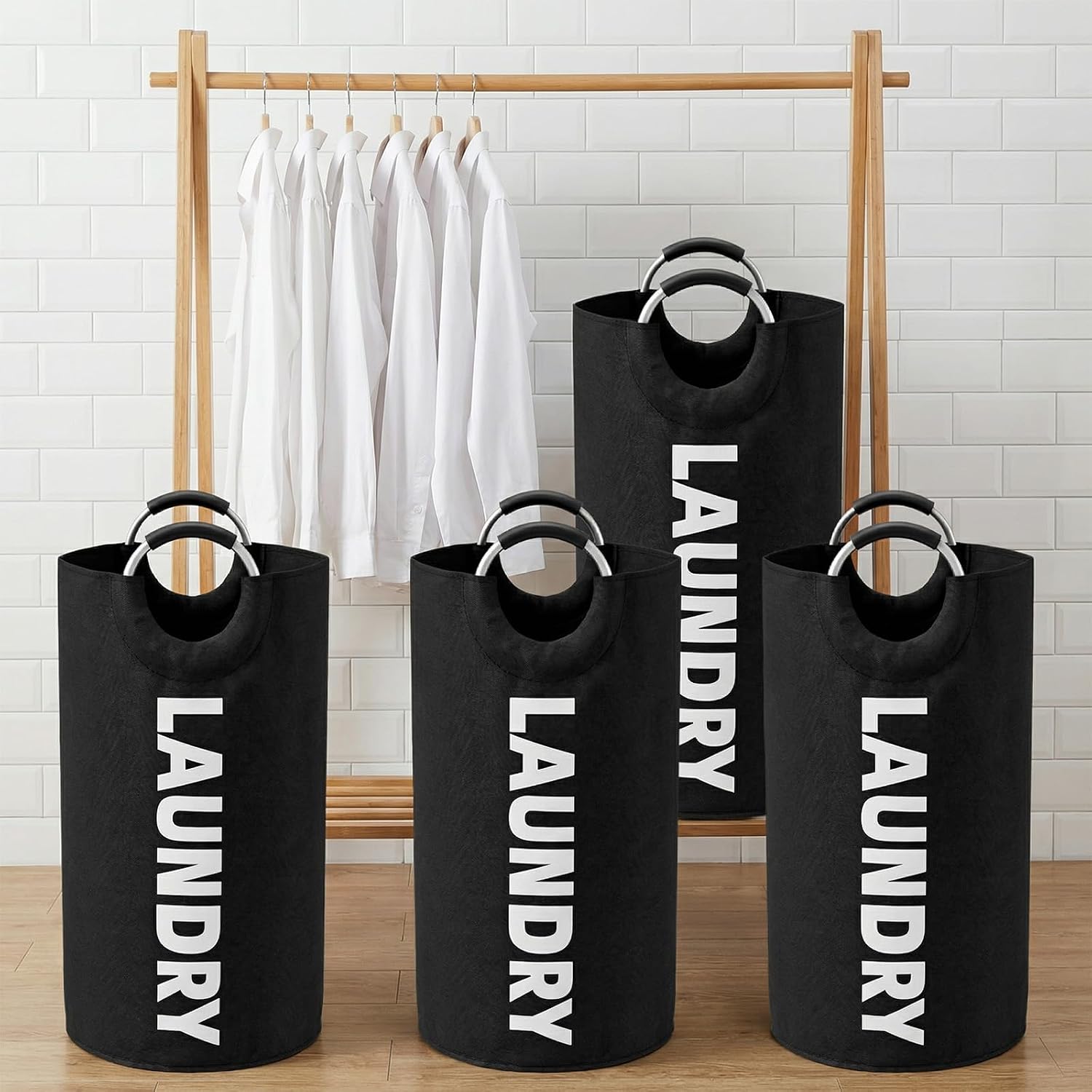 4 Pack 90L Laundry Basket, Extra Large Waterproof & Foldable Dirty Clothes Hamper with Foam Padded Handles, Heavy-Duty Oxford Fabric for Home, Dorm, Travel (Black)