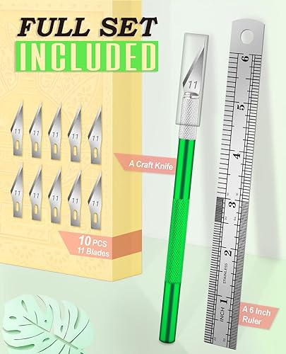 Vista 2 de DIYSELF 1 cuchillo Exacto con 11 piezas SK5 de acero de alto carbono, cuchillo de arte de pasatiempos de precisión y 1 regla de acero de 5.9 in