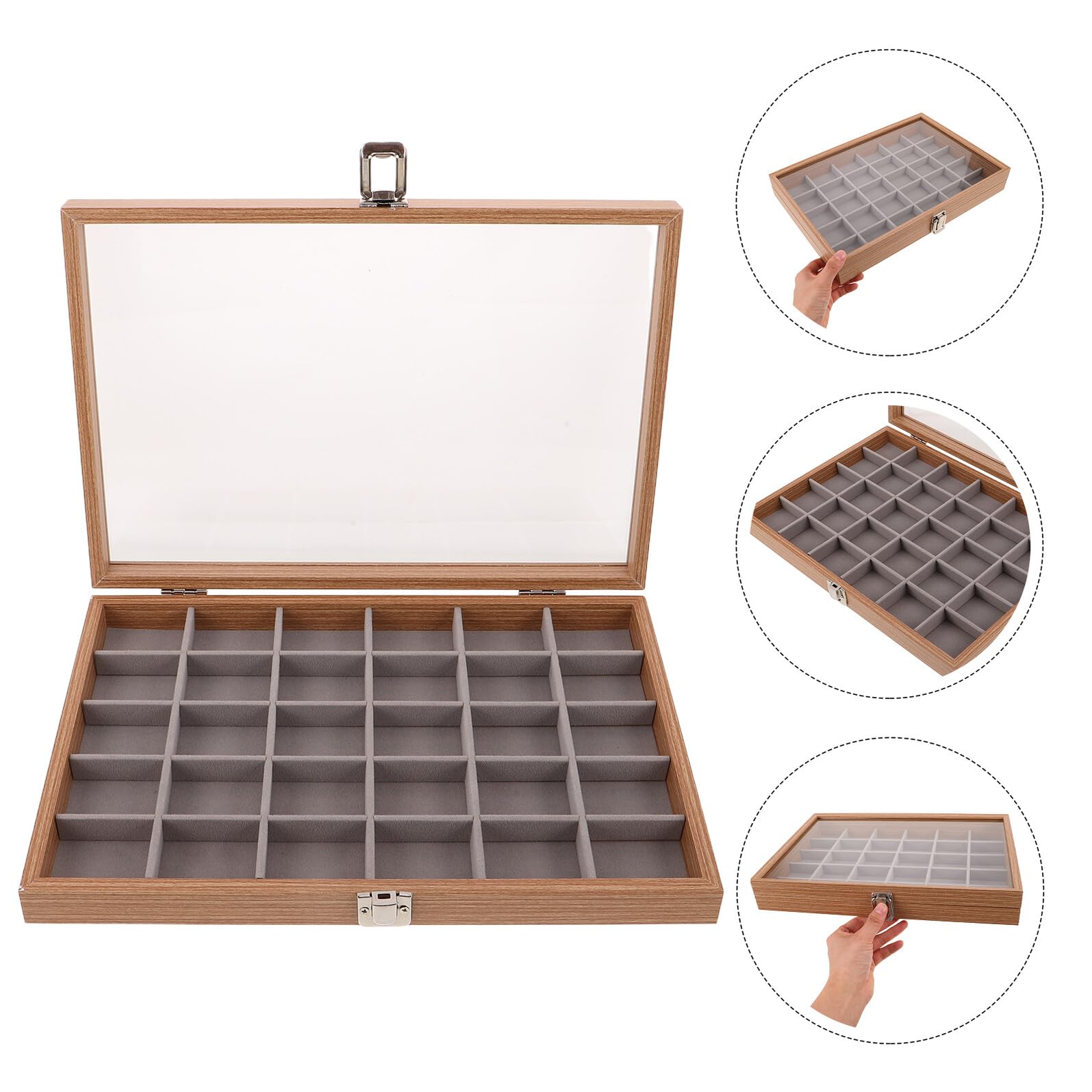 Scatola Porta Campioni Minerali a 30 Scomparti con Coperchio | Espositore in Legno Beige, Protezione Trasparente per Collezioni di Cristalli e Pietre, 35x24x5cm
