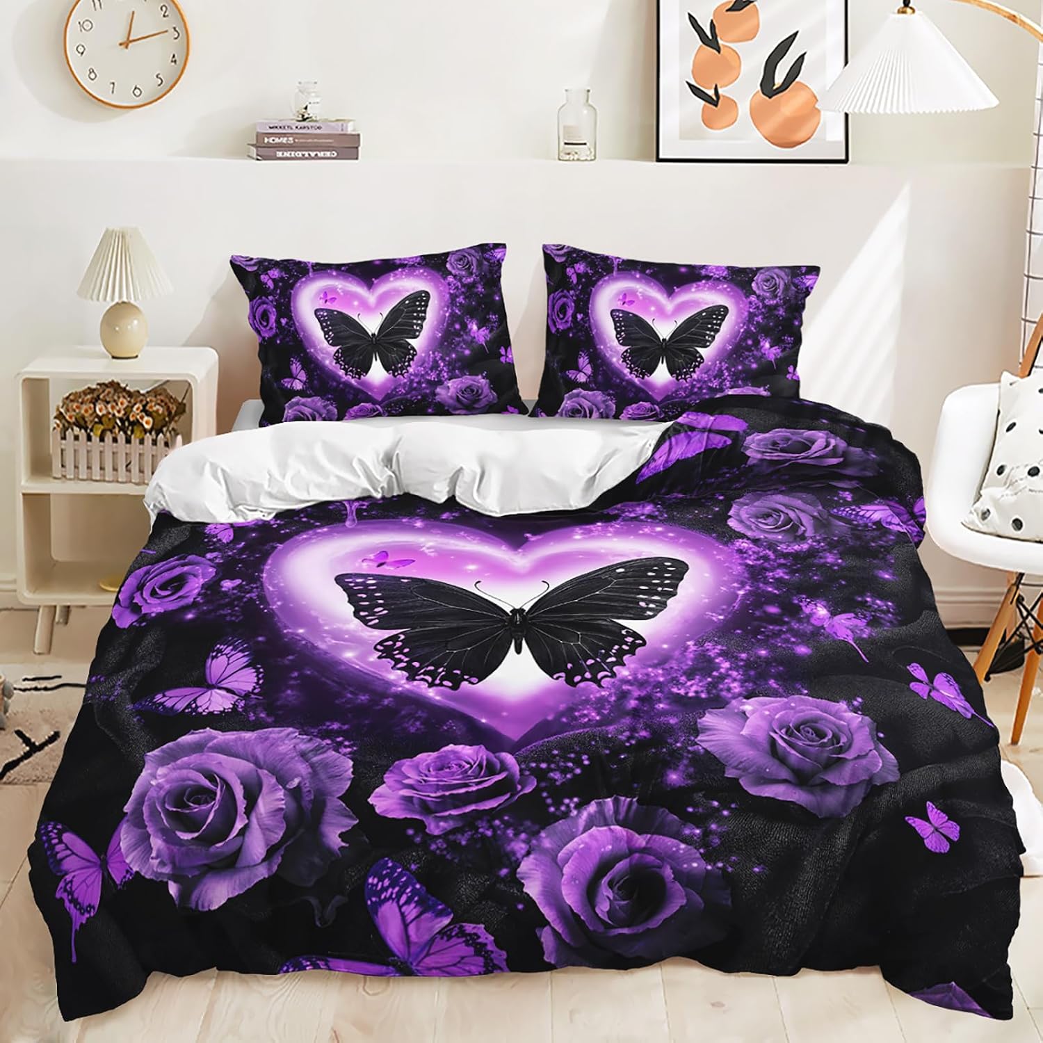 AILONEN Girls Butterfly Duvet Cover Set King Size,Beautiful Floral Butterflies Printed Soft Comforter Cover Set,Black and Purple Quilt Cover & 2 Pillowcases,3-Piece