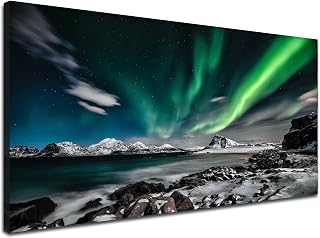Northern Lights Canvas Print Large Green Picture Aurora Borealis Canvas Wall Art Painting for Living Room SnowyMountainsLandscape Poster Picture Wooden Framed Prints Ready to Hang