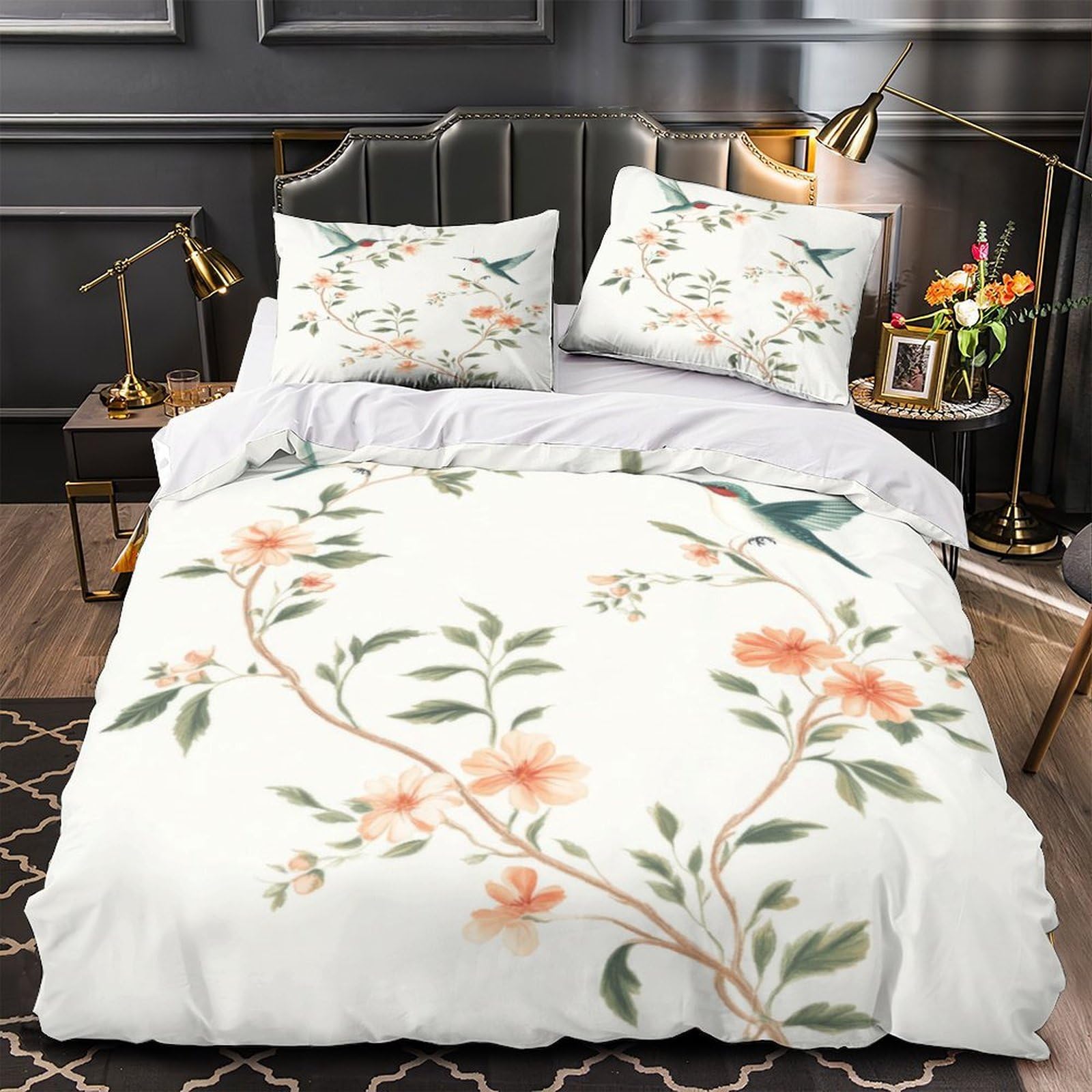 Housse de couette colibri floral lit double pour chambre fille et ado