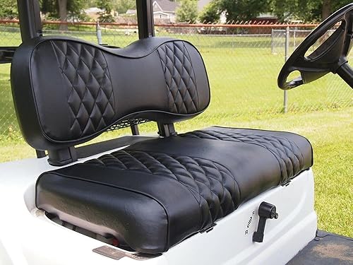 Vista 143 de Huskey - 2 fundas de asiento delantero para carrito de golf EZGO Medalist/TXT 94-13, costuras de diamante negro y azul de dos tonos con ribete azul