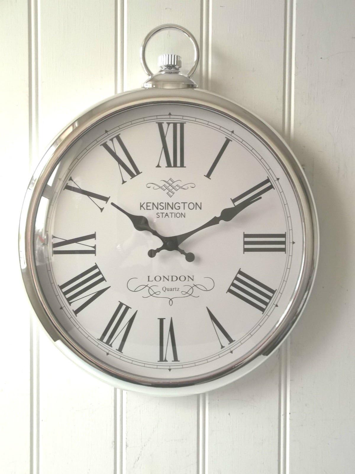SSITG LARGE SILVER ROUND POCKET WATCH WALL CLOCK Kensington Station 40cm NEW & BOXED