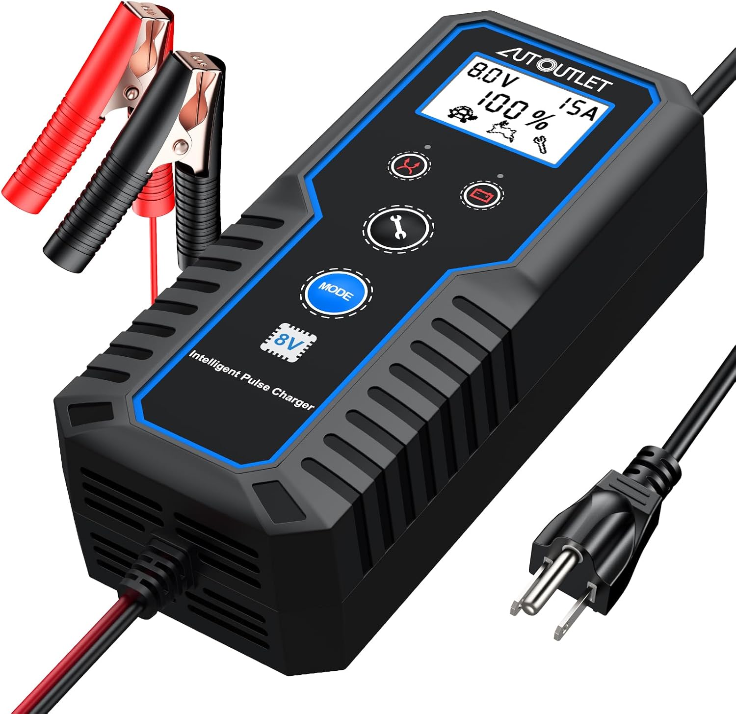 AUTOUTLET 8V Golf Cart Battery Charger 0–15A Smart Automatic, Trickle Charger & Battery Maintainer with LCD Display, PWM 4-Stage Charging for AGM Gel Lead Acid Batteries