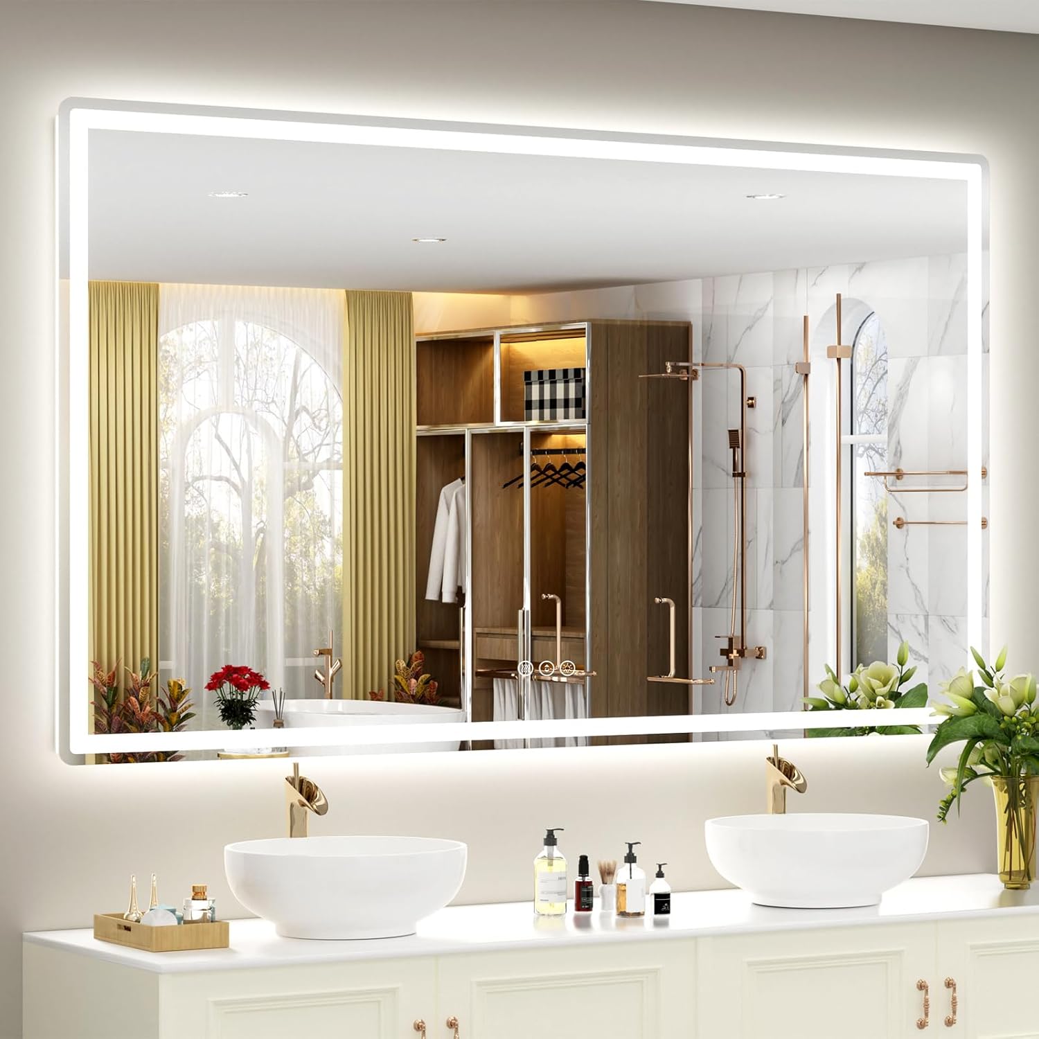SMIROR LED Bathroom Mirror with Lights 66"x 40", Rounded Rectangle Lighted Vanity Mirror for Wall, Front Lit and Backlit, 3 Colors, Dimmable, Anti-Fog, Tempered Glass (Horizontally/Vertically) Front Lights and Backlit 66"L x 40"W