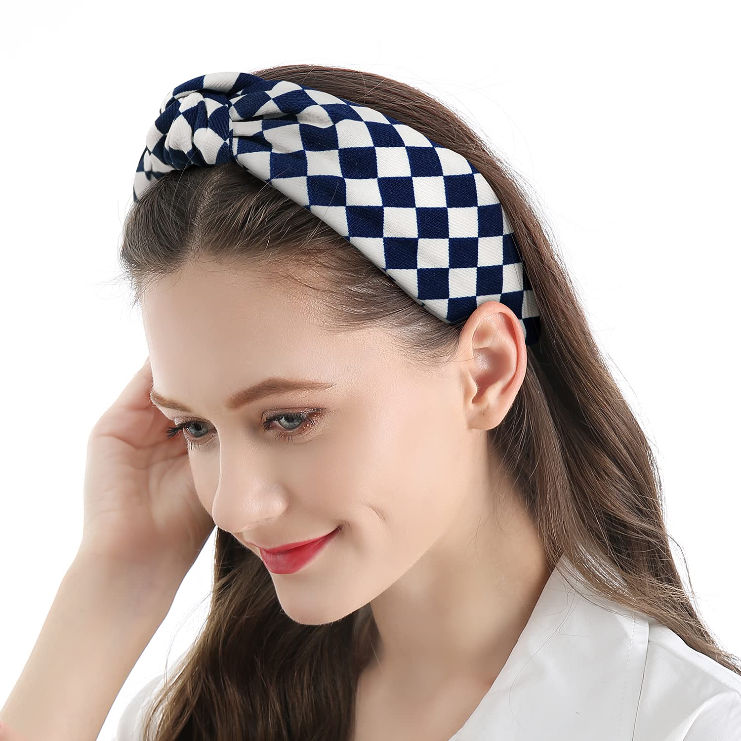 New handmade boutique checkered top knot flexible wide headband blue/white Women main image 3