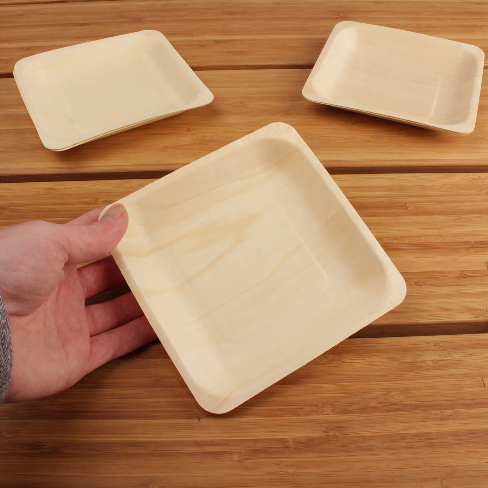 BambooMN Brand - 5.5 x 5.5 x 0.78 Disposable Wood Square Plates/Dishes, 100 Pieces by BambooMN