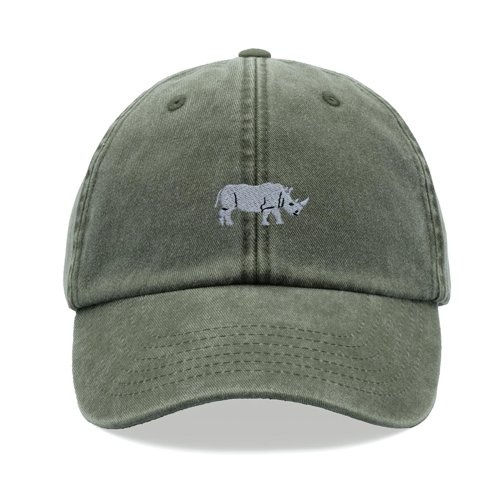 Rhino Baseball Cap Vintage Washed Unisex Dad Hat Adjustable Olive