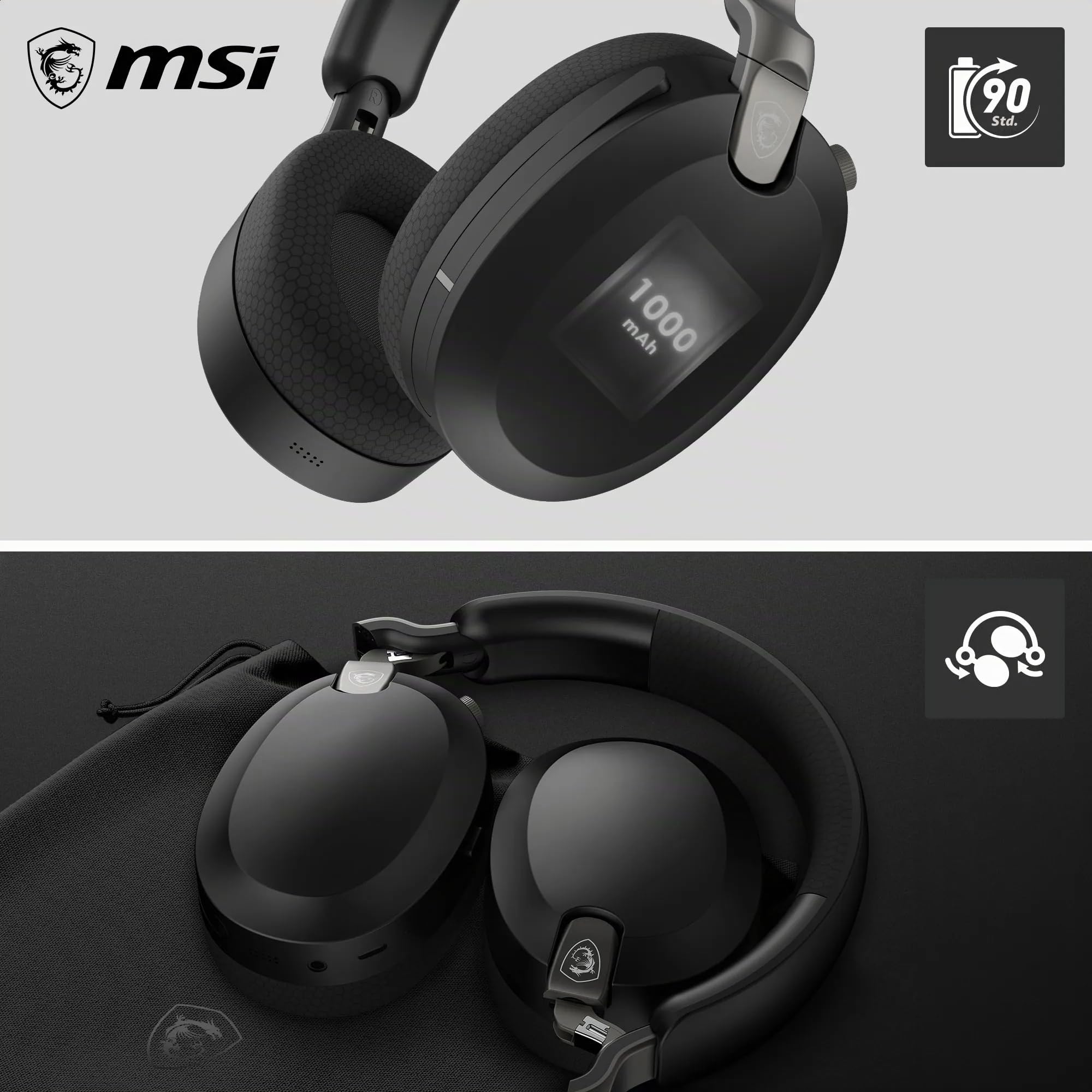 MSI Maestro 500 Wireless Black Headset, aktive Geräuschunterdrückung, Transparenzmodus, 2,4 GHz, Bluetooth 5.4, 3,5-mm-Anschluss, 40-mm-Treiber, klappbares Mikrofon, 90 Std. Akkulaufzeit