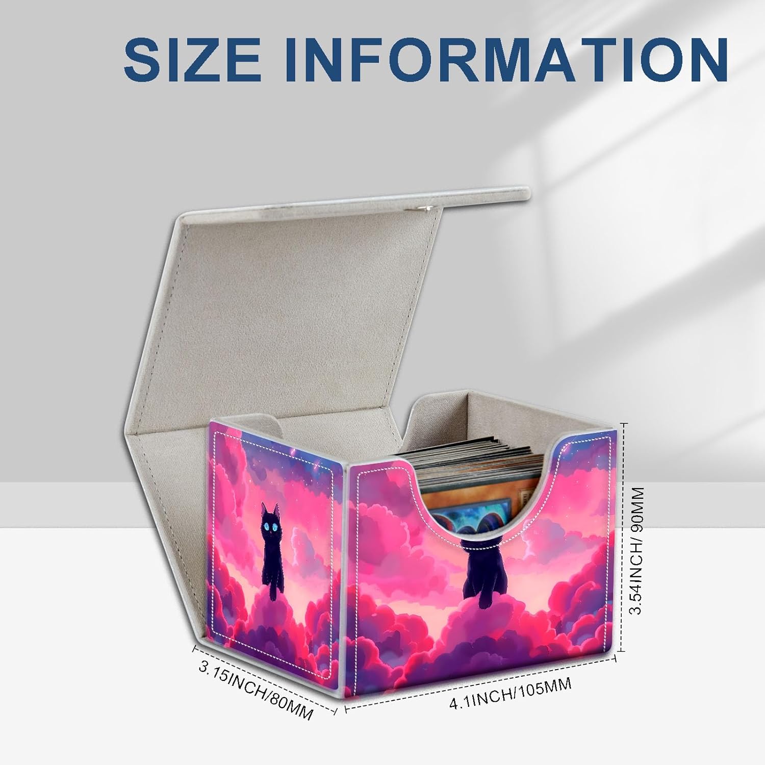 High-Capacity Art Deco Card Deck Box - Ideal Trading Card Game Storage Solution with Compact Size, and Easy Access - PU Leather Fits for TCG CCG Magic Cards(Pink Clouds Cat)
