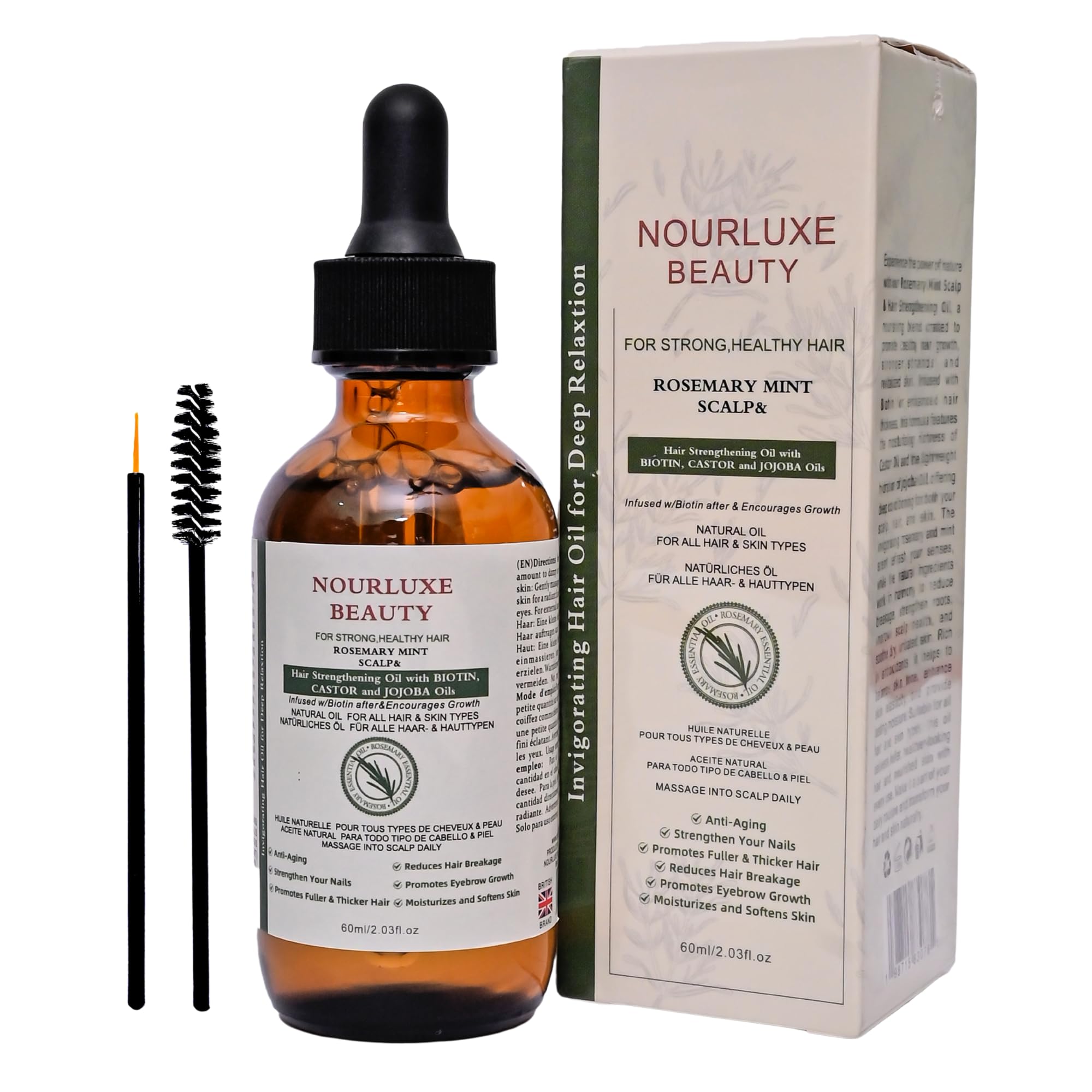 Rosemary & Mint Hair Oil with Castor & Biotin Scalp Nourishing Treatment to Support Fuller-Looking, Stronger Hair, Helps Reduce the Appearance of Thinning, Natural Oil for All Hair Types 60ml