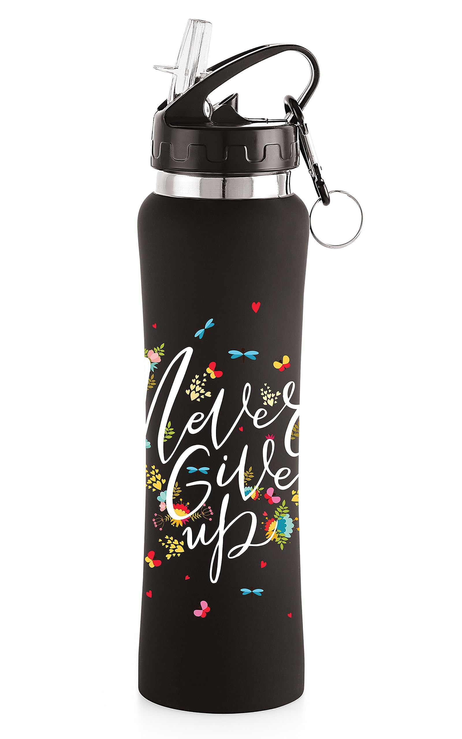 NIRLON Flip Bot Stainless Steel Rubber Finish Water Bottle with Straw Lid for Fridge, School,Gym,Home,Office,Boys, Girls, Kids, Leak Proof(UV Printed Bottle|Never Give Up|Sipper Cap), Black