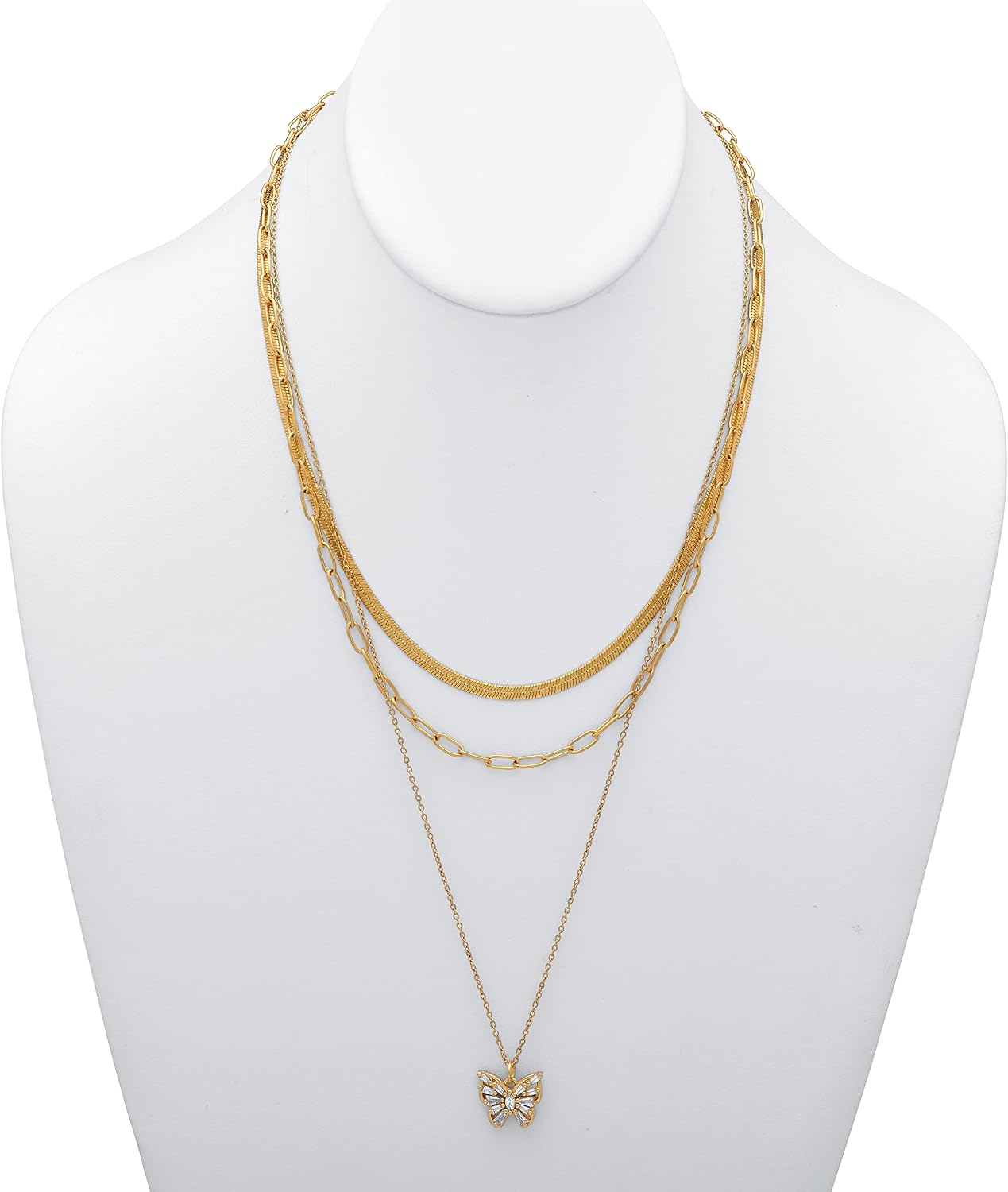 PalmBeach Crystal Butterfly Pendant Yellow Gold Ion Plated Stainless Multistrand Layered Necklace Set, 16-22 inches
