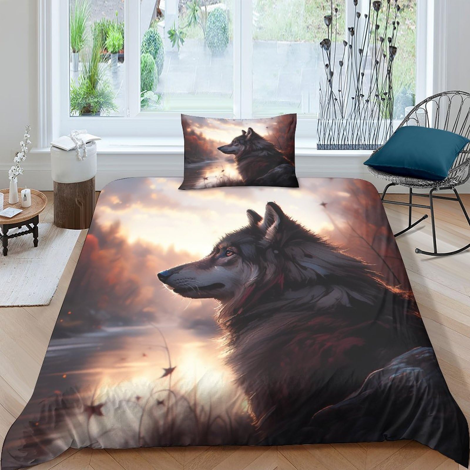 Housse de couette 3D loup 3 pièces parure de lit enfant pour un lit double style nature sauvage